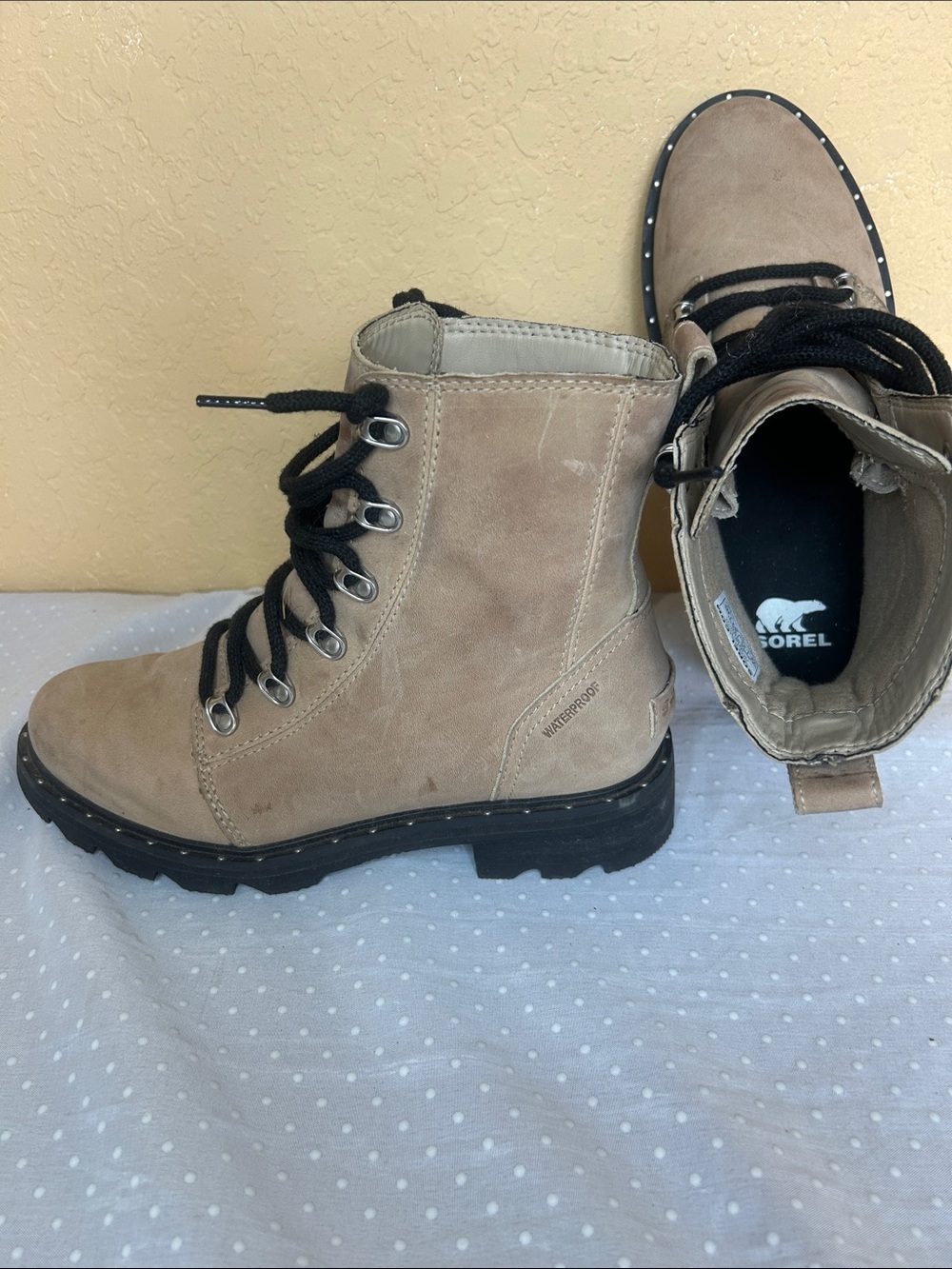 Sorel Taupe Suede Lace-Up Combat Boots with Black Sole
